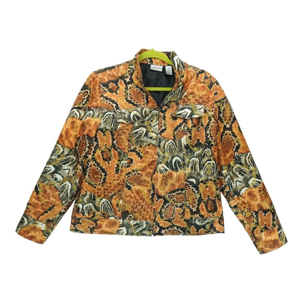 Chico's Jacket Size 1 Womens Small Snake Print Full Zip Bomber‎ Casual